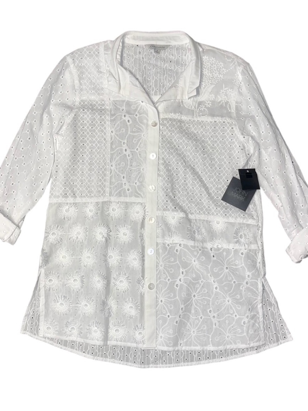John Mark Boho Eyelet Lace Button Blouse White Collar Floral Ladies Small NWT